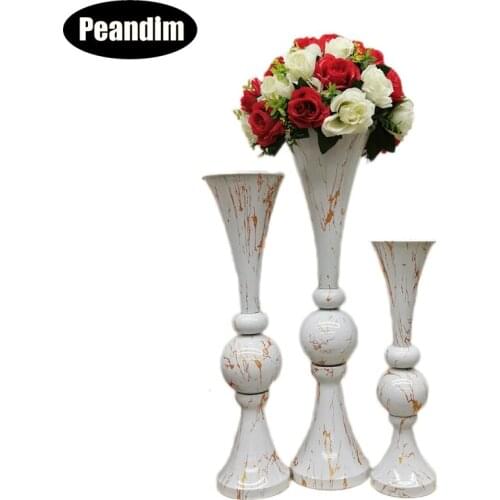 PEANDIM 10pcs/lot Flower Pot White Floor Vase Mariage Table Centerpieces Metal Flower Vase Stands For Home Wedding Decoration