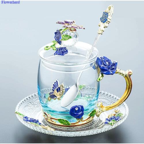 Enamel Water Cup Glass Cup Household Set Flower Tea Crystal Coffee Mug Beer Mug with Handle Wedding Gift Tableware
