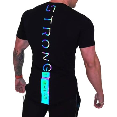 Gym T-shirt Men Short sleeve Cotton T-shirt Casual reflective Slim t shirt Fitness Bodybuilding Workout Tee Tops Summer clothing