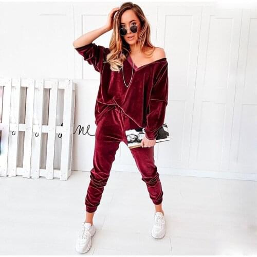 Brief Loose V-neck 2pcs Velvet Sets Women Pullover Sweatshirts+Pant Solid Color Streetwear Female Sports Suit S-XXL
