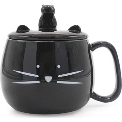 420ml Cut Cat Mug With Lid Mobile Phone Holder Milk Coffee Ceramic Mugs Kawaii Animals Shape Cup XL Large Capacity Black White