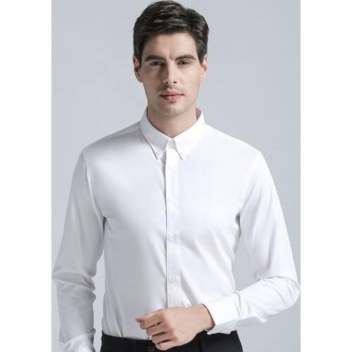 2019 Brand New Mens Shirts Formal Buckle collar Cotton Blend Shirts Fashion Solid Color Long Sleeve Business Suits Shirts White