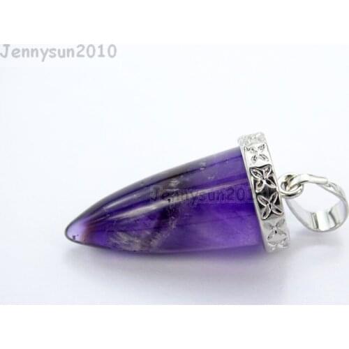Natural Ame-thyst Gems stones Pointed Cone Spike Horn Tusk Tooth Silver Pendant Charm Beads Necklace Earrings Jewelry 10Pcs/Pack