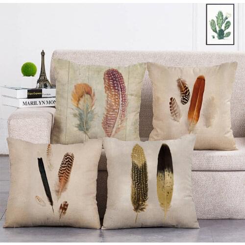 Colorful Feather Style Cushion Cover Multi Feather Printed Cotton Linen Pillow Cover Square Decorative Pillows For Sofa Car T135
