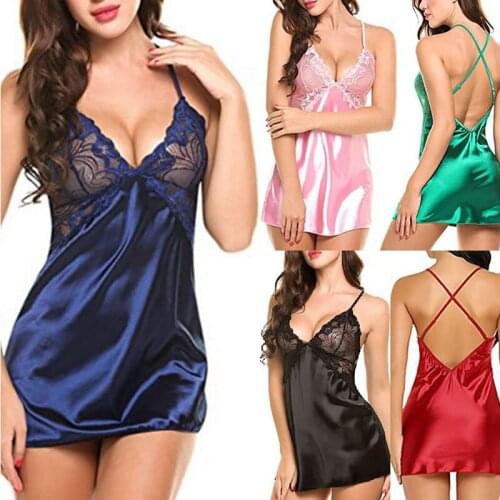 Women Sexy Nightdress Mesh Patchwork Ladies Sleepwear Lingerie Female Deep V Lace Home Dress Lace Tank Top Satin Camisole