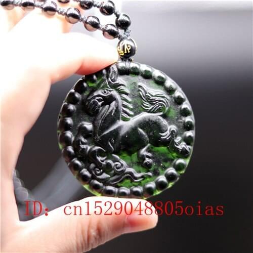 Natural Black Green Chinese Jade Horse Pendant Obsidian Necklace Charm Jewelry Accessories Carved Amulet Gifts for Men