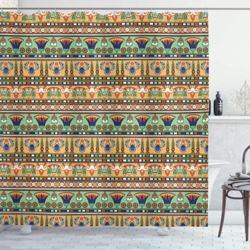 Multicolor Egyptian Print Shower Curtain Motifs Pattern Lily Flower and Scarab Abstract Design Bathroom Curtain