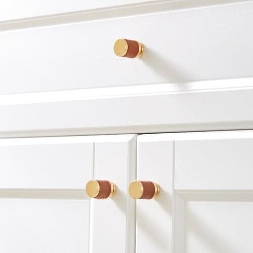 Brass+Leather Knob Simple Cabinet Pens Nordic Drawer Pulls Bathroom Hardware Furniture and Kitchen Handles