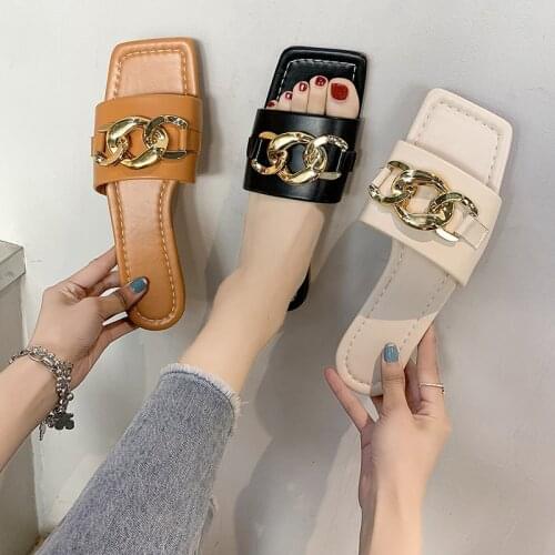 Summer Design Square Toe Chain Slipper Women Slip on Flat Slides Summer Sandals Beach Flip Flops Female Casual Shoes Woman Mujer