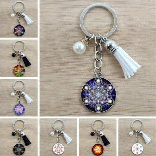 Mysterious Metatron Cube Tassel Keychain Sacred Geometry Flower of Life Glass Pendant Magic Hexagon Keychain Jewelry Unisex