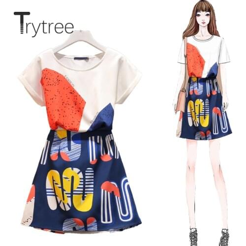 Trytree 2020 Summer two Set Casual Solid Green O-neck Loose Top + Skirt Fashion Elegant Mini Zipper Letter Set 2 Piece Set