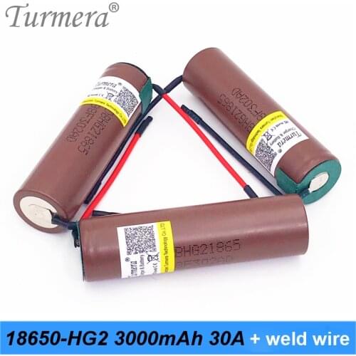 Turmera 18650 HG2 3000mah 30A Lithium Lithium Battery Soldered Wire for Vacuum Cleaner and Electric Drill Scewdriver Battery Use