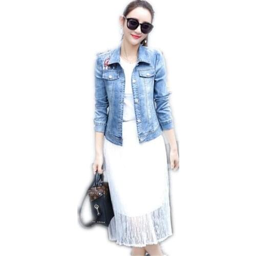 Ladies Spring Denim Jacket For Women 2018 Long Sleeve Chaqueta Mujer Slim Pearl Fashion Jacket Women Sequin Denim Coat SlimQ152