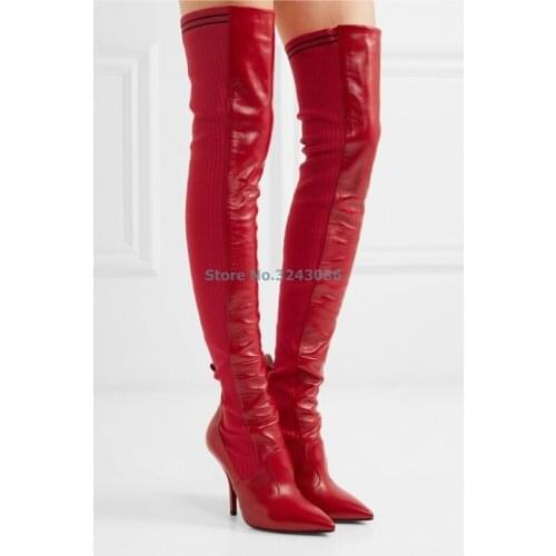 Red Black Knit PU Patchwork Over The Knee Stiletto Heel Boots Slim Fit Lady Sexy Long Boots New Arrival Faux Sheepskin Boots