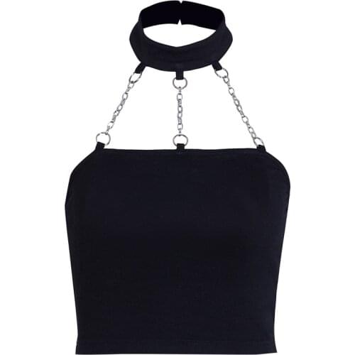 Black Solid Punk Gothic Halter Tops Women Streetwear Summer Strapless Sexy Bralette Crop Top With Metal Chains Hollow Out Tees