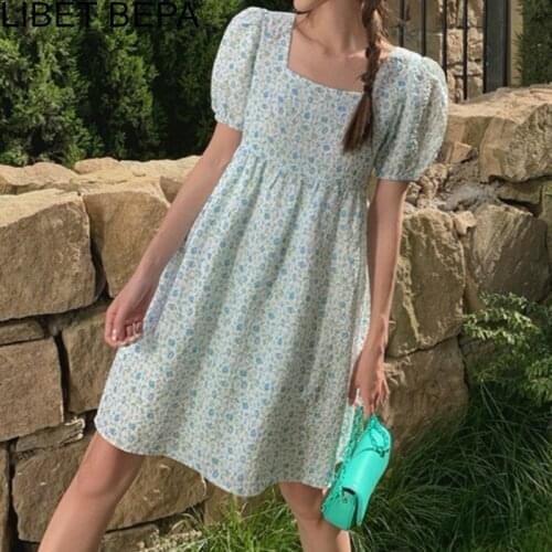 2021 New Women Summer Dresses Floral Printed High Waist Square Collar Vintage Korean Style Sweet Elegant Lady Mini Dress DR6638