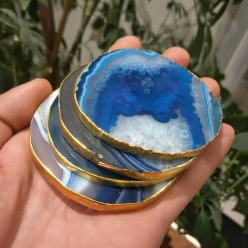 1pcs Natural agate earth grille piece insulated cup cushion stone agate cup cushion with gold-plated lace trim gift