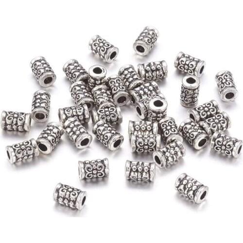 50pcs Antique Silver Tibetan Silver Tube beads for jewelry making bracelet necklace,about 5mm wide, 7.5mm thick, Hole: 2mm F70