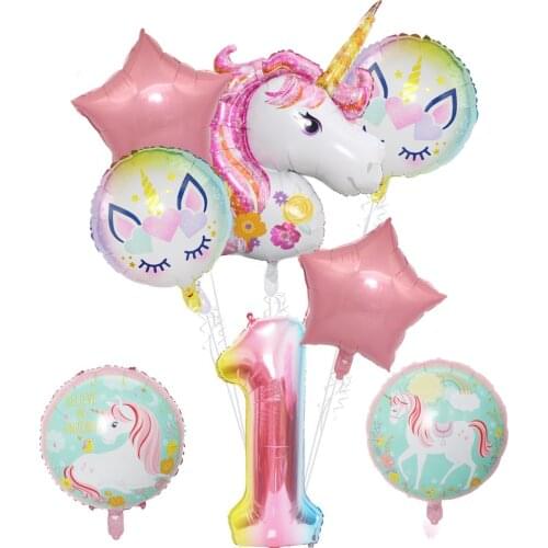 8PCS Unicorn Balloon Birthday Party Decoration, 43'' Pink Unicorn with 7 Pcs Foil Balloon Bouquets,Girls Birthday Party Supplies