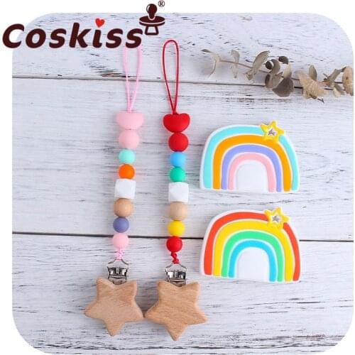Coskiss 1set Baby Pacifier Chain Silicone Rainbow Teether Nipple Clip Holder Infant Silicone Teething Soother Molar Toys