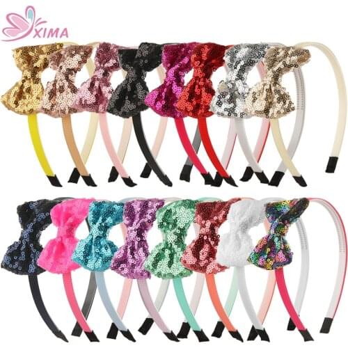 XIMA 1PC 3inch Glitter Sequin Hair Bows Hairband Kids Plastic Headband Hair Hoops for Girls Hair Accessories