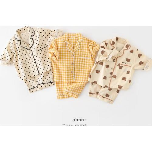 Childrens Pajamas Set Spring Autumn Baby Boys Girls Cartoon Plaid Dots Home Wear Suits Casual Cotton Kids Sleepwear Sets New