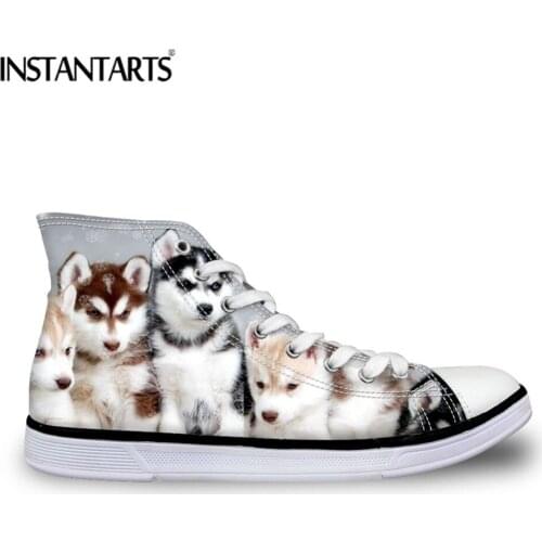 INSTANTARTS High Top Female Vulcanize Flats Shoes 3D Husky/Akita Dogs Prints Women Lace Up Canvas Shoes Girls Casual Flats Shoes