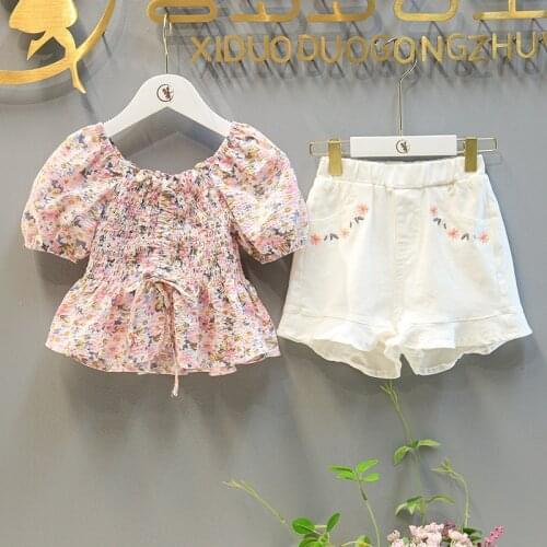 Girls Clothes Set Short Sleeve Flower Blouse Shirt and White Shorts Set Children 2 Pcs Clothing Sets Kids Ropa De Bebe Nina