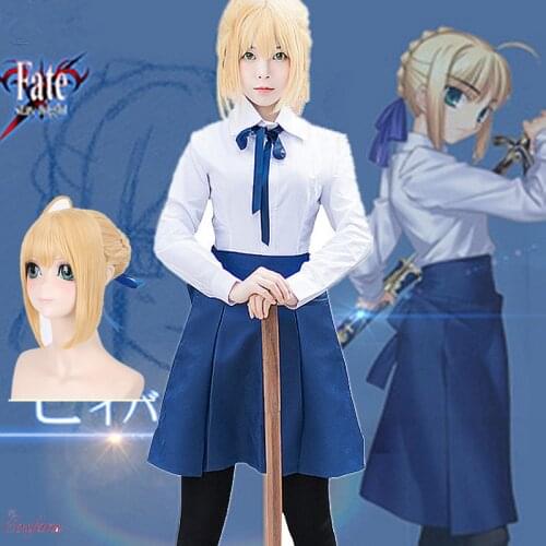 Fate Stay Night Saber Cosplay Costumes Japanese Anime Sailor Uniforms Women Cosplay Dress with wig Halloween Party Clothing Set