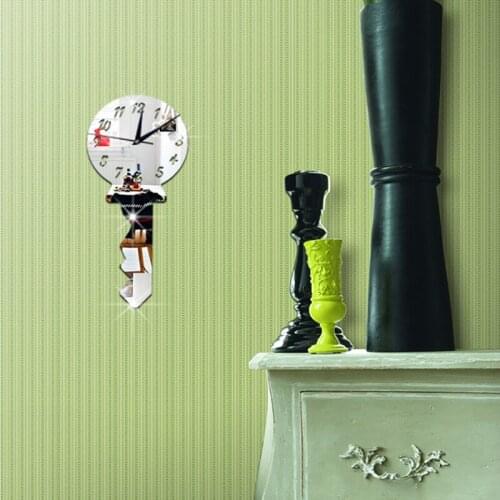 Creative Key Shape Mirror Wall Sticker Clock Plastic Decoration For Living Room Clock Round Silent Digital Clock For Restaurant