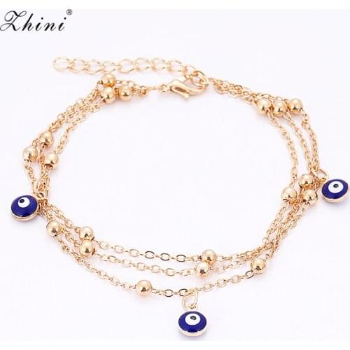 ZHINI Metal Bracelets Anklets for Women Gold Color Blue Evil Eye Hamsa Hand Shell Turkish Jewelry Bangle Boho Wedding Bracelets