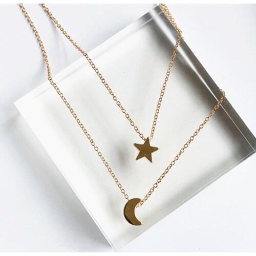Fashion Jewelry for Women Girl 2021 New Gold color/ Silver Color Star Moon Two Layered Chain Pendent Necklaces