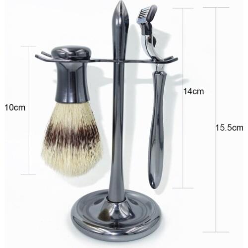 WLONG Wet Shaving Boar Bristle Brush Set with Black Nickel Color Handles and Holder Stand Men Grooming Tool Kit