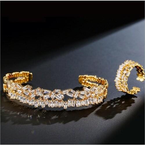 Fashion Design Paved Column Cluster Sparkling Bangles And Ring Set For Women White Gold Color Open Bracelets P8341
