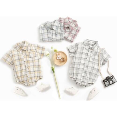 2021 Summer New Baby Boys Clothes Infant Bodysuit Newborn Baby Short Sleeve Plaid Casual Pure Cotton Soft Outwear 4 Colors