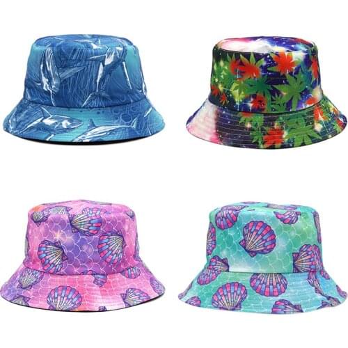 2021 Fashion Cartoon Print Bucket Hat Women Men Sun Hat Cotton Reversible Fishing Hat Double-sided Flat Cap Female Hip Hop