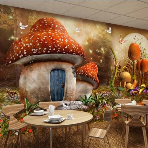 Custom 3D Mural Wallpaper Cartoon Fairy Tale World Mushroom House Butterfly Flower Photo Background Childrens Room Wallpaper 3d
