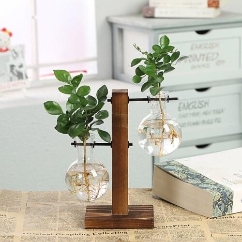Transparent Glass Tabletop Plants Vase Hydroponic Plant Vases Vintage Flower Pot Wooden Frame Home Bonsai Decor Drop Shipping