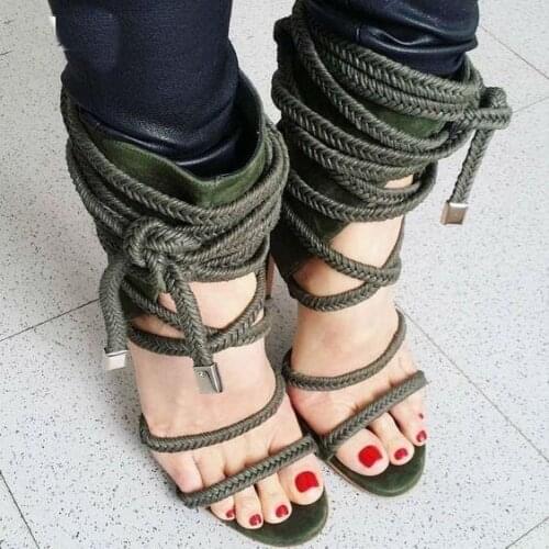 Drop Shipping Summer Women Army Green/Black/Beige Cross Lace Up Ropes Party Stiletto Heel Cover Heel High Heel Sandals Shoes