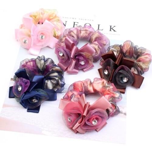 Boutique chiffon rose flower lace women girls elastic hair rubber bands scrunchy accessories hair band ring rope headdress free