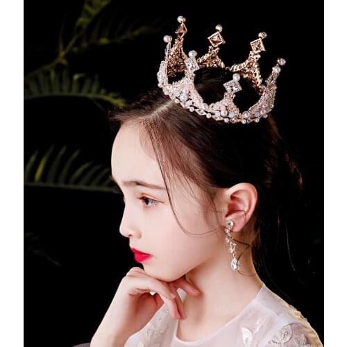 Luxury Gold Pearl Kids Crown Crystal Rhinestone Round Tiara Crowns For Child Girls Wedding Hair Jewelry Women Princess Diadems