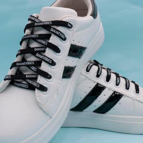 New Material Shoelace Double Layer Polyester Silk Sreen Black Lacet With "boostVIBES" White Letter Printing Nice Cord