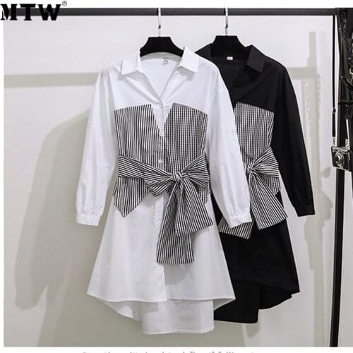 Vintage Plaid Patchwork Dress Women Autumn Long Sleeve Button Shirt Dress 2020 Elegant Bow Office Dresses Vestidos