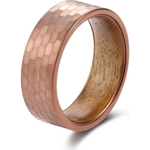 POYA Tungsten Ring Hammered 8mm Rose Gold Plated Wedding Band for Men Koa Wood Inlay