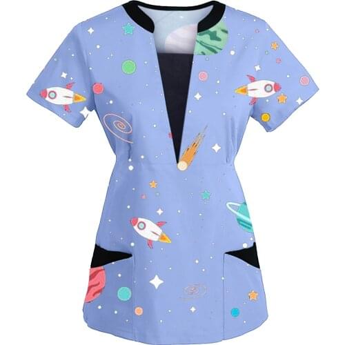 2020 Fashion Women Blouses Tops Work Uniform Cartoon Cute Print Blouse Short Sleeve V-neck Patchwork Enfermera Mujer Unifo