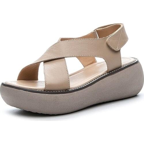 Woman Summer Sandals 2021 Female Cross Genuine Leather Wedges Platform Slingback Sandals Ladies Party Fish Mouth High Heel Shoes