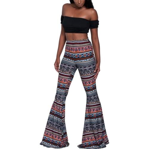 2021 Women Clan style Flared Trousers Ethnic Style Printing Middle Waist Ankle-Length Bell-Bottomed Pants for Girls
