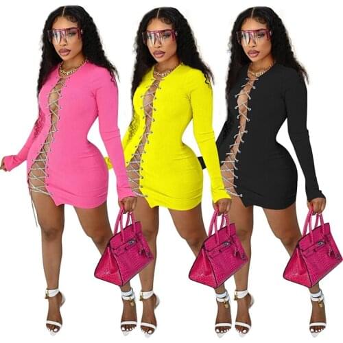 Women Fashion Solid Sexy Mini Dress Autumn Long Sleeve Hollow Out Metal Chain Package Hip Dress Women Nightclub Party Streetwear