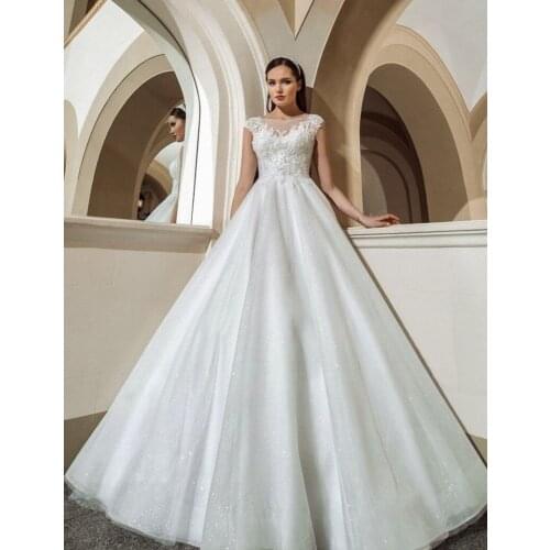 Ruby Bridal Bling Bling Wedding Dresses A-line Bridal Gown Scoop Cap Sleeves robes de mariée White Tulle Lace vestidos de novia