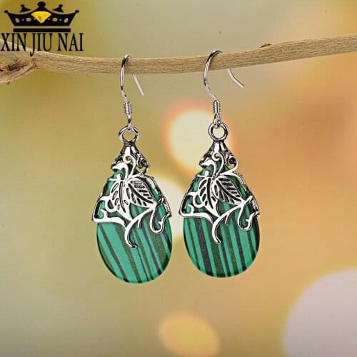2019 Vintage Green Water Drop Stripe Long Hanging Dangle Earrings For Women Wedding Bridal Drop Earrings Silver Jewelry